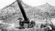 Front view of 240mm howitzer of Battery `B', 697th Field Artillery Battalion, just before firing into German held territory. Mignano area, Italy. January 30, 1944